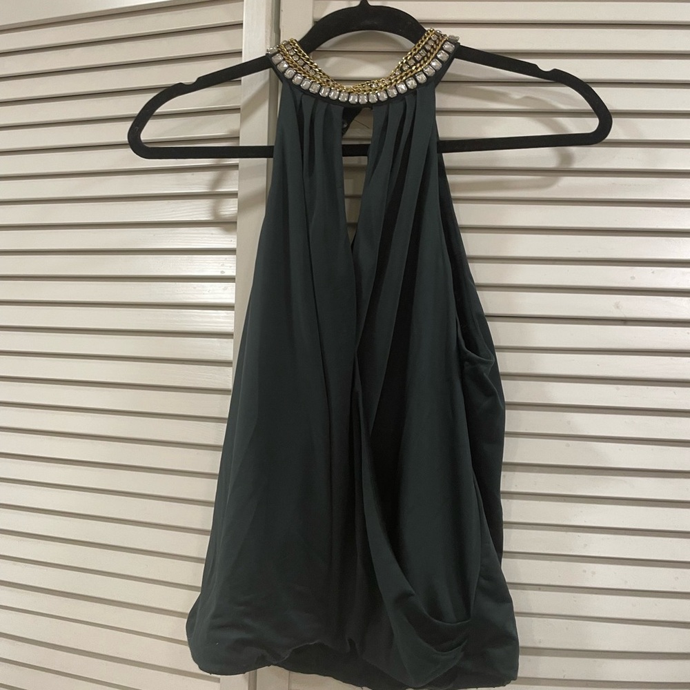 bebe Green Halter Top with rhinestone collar Stunner on !! Holiday ready !